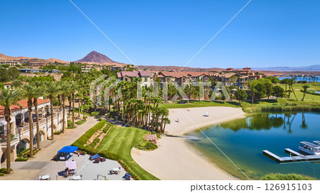 Aerial Luxury Lakeside Resort Beach and Villas with Desert Mountains Aerial Luxury Lakeside Resort Beach and Villas with Desert Mountains 126915103