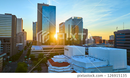 Aerial Downtown Phoenix Skyscrapers and Herberger Theater Sunset Golden Hour 126915135