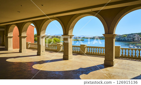 Mediterranean Stone Arches Overlooking Luxury Lakeside Homes Aerial Fly Through 126915136