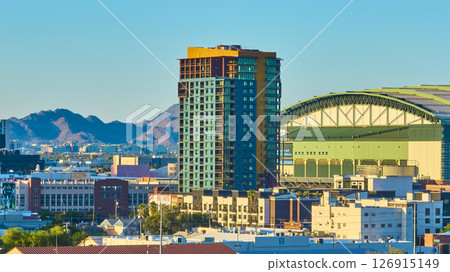 Aerial Fly Through Modern Phoenix High Rise Chase Field Downtown at Golden Hour 126915149