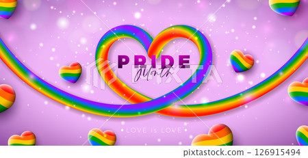 Happy Pride Month LGBTQ Banner Illustration with Rainbow Color Heart Symbol on Pink Background. June Love is Love Human Rights or Diversity Concept. Vector LGBT Event Banner Design for Postcard 126915494