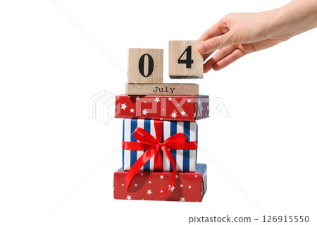 4 July attributes and hand, isolated on white background 4 July attributes and hand, isolated on white background 126915550