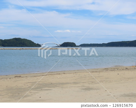 沙灘、藍色大海和大橋的景色 126915670