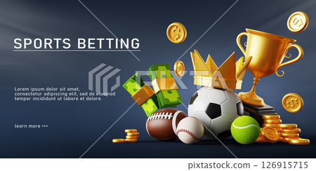 Sports betting banner. Winner prize with championship cup, gold coin and dollar money, ball with crown on dark background. Bet on American football, baseball or tennis, bookmaker win. 3D illustration Sports betting banner. Winner prize with championship cup, gold coin and dollar money, ball with crown on dark background. Bet on American football, baseball or tennis, bookmaker win. 3D illustration 126915715
