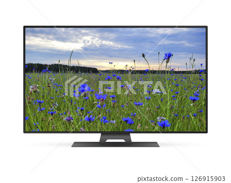 Smart tv with blue cornflowers field on screen Smart tv with blue cornflowers field on screen 126915903