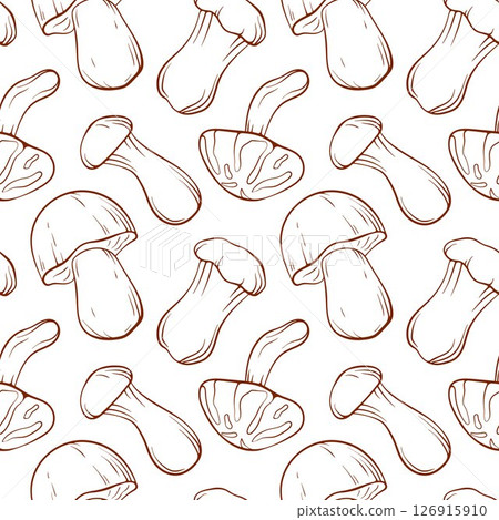 Seamless pattern with line art mushroom on white background. Boletus, Trumpet, Shiitake illustration for food packaging, kitchen textile or autumn seasonal design. 126915910