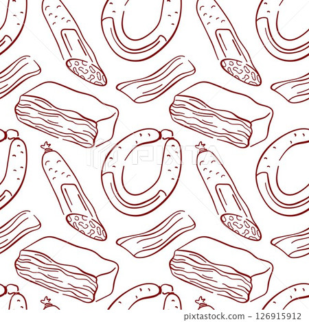 Seamless pattern of sausage, bacon and salami in line art style on white background. Perfect for food packaging, kitchen wallpaper or restaurant wrapping paper. Seamless pattern of sausage, bacon and salami in line art style on white background. Perfect for food packaging, kitchen wallpaper or restaurant wrapping paper. 126915912