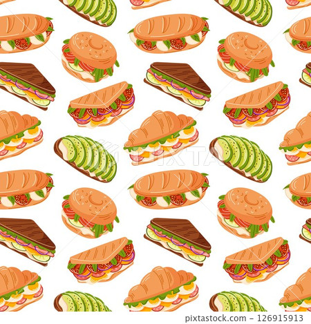 Seamless pattern with avocado toast, sandwiches, bagel, croissant, baguette in flat style. Perfect for kitchen design, cafe menu, kitchen background and food packaging. 126915913