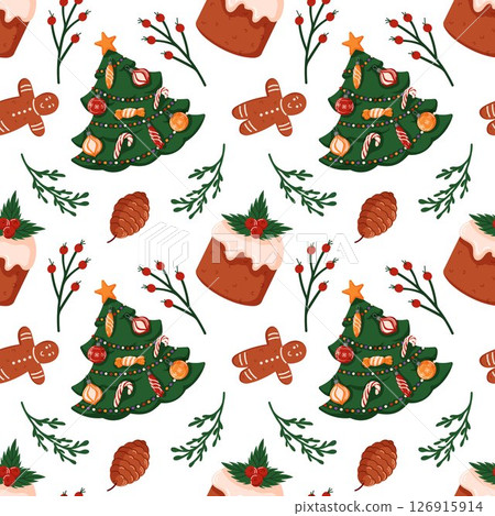 Seamless Christmas pattern with decorated tree, gingerbread cookie, cake, pine cone on white background in cartoon style. Perfect for holiday design, gift package and festive decor. 126915914