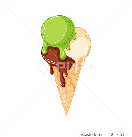Cartoon style illustration of triple melting scoop ice cream cone with green chocolate and vanilla flavor. Perfect for dessert menu, summer packaging, sweet treat and food design project. 126915924