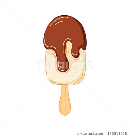 Smooth vanilla popsicle ice cream with dark chocolate melt in cartoon style isolated on white background. Perfect for summer package design, cafe logo or recipe book. 126915926
