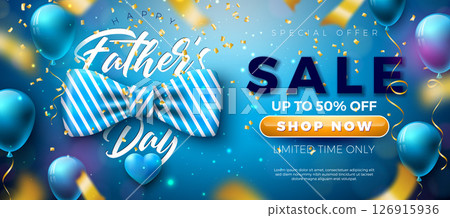 Father's Day Sale Banner Design with Bow Tie, Party Balloon and Falling Gold Confetti on Blue Background. Vector Promotional Business Special Holiday Offer Illustration for Best Dad. Template for Father's Day Sale Banner Design with Bow Tie, Party Balloon and Falling Gold Confetti on Blue Background. Vector Promotional Business Special Holiday Offer Illustration for Best Dad. Template for 126915936