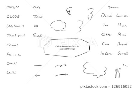 適用於咖啡館、餐廳和商店的文字套裝 | 內含菜單和線條圖 | 英文版 126916032