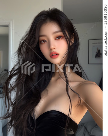 Korean woman with long black hair posing in a stylish black outfit in a bright, modern room Korean woman with long black hair posing in a stylish black outfit in a bright, modern room 126916056