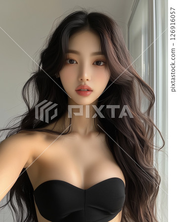 Young Korean woman with long wavy hair posing confidently in a natural light setting 126916057