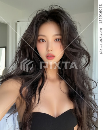 Young Korean woman with long wavy hair posing confidently in a minimalistic indoor setting with natural lighting Young Korean woman with long wavy hair posing confidently in a minimalistic indoor setting with natural lighting 126916058