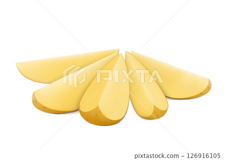 Fresh raw potato wedges, chopped potatoes for cooked food. Sliced Potato, Isolated on white background. Realistic 3d vector illustration 126916105