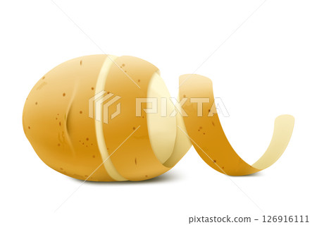 Realistic Half Peeled Potato with twisted peel . Close up 3d vector illustration isolated on white background. Food ingredients, Realistic Half Peeled Potato with twisted peel . Close up 3d vector illustration isolated on white background. Food ingredients, 126916111