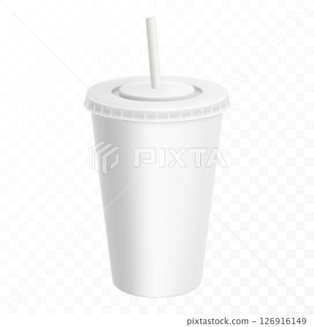 Soda drink plastic or paper cup with drinking straw, vector realistic 3d white disposable package mockup. Soda, juice or ice tea, fastfood soft drinks and beverage plastic cup with closed lid Soda drink plastic or paper cup with drinking straw, vector realistic 3d white disposable package mockup. Soda, juice or ice tea, fastfood soft drinks and beverage plastic cup with closed lid 126916149