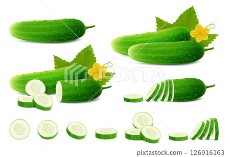 Cucumbers set. Whole fresh cucumber, half, chopped, slices and cucumbers group. Set of cucumber plant parts, leaf, flower. Organic vegetables. Healthy, diet, vegetarian food. Realistic 3d vector Cucumbers set. Whole fresh cucumber, half, chopped, slices and cucumbers group. Set of cucumber plant parts, leaf, flower. Organic vegetables. Healthy, diet, vegetarian food. Realistic 3d vector 126916163