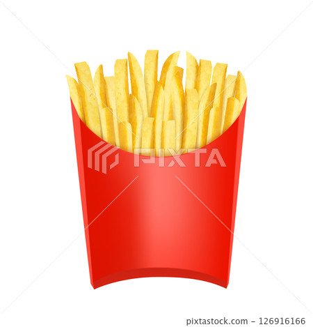 French fries. Potatoes in red package box. Snack fast food takeaway. Popular roasted potatoes chips sticks snack in cardboard packing, isolated on white background. Realistic 3d ector illustration. 126916166