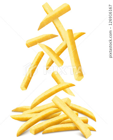 French fries background. Fast food banner. Flying french fries potatoes with blurry effect isolated on white. Junk food. Falling roasted vegetable pieces. Realistic 3d vector illustration French fries background. Fast food banner. Flying french fries potatoes with blurry effect isolated on white. Junk food. Falling roasted vegetable pieces. Realistic 3d vector illustration 126916167
