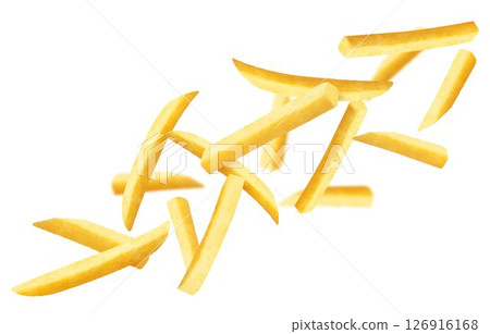 French fries background. Fast food banner. Flying french fries potatoes with blurry effect isolated on white. Junk food. Falling roasted vegetable pieces. Realistic 3d vector illustration French fries background. Fast food banner. Flying french fries potatoes with blurry effect isolated on white. Junk food. Falling roasted vegetable pieces. Realistic 3d vector illustration 126916168