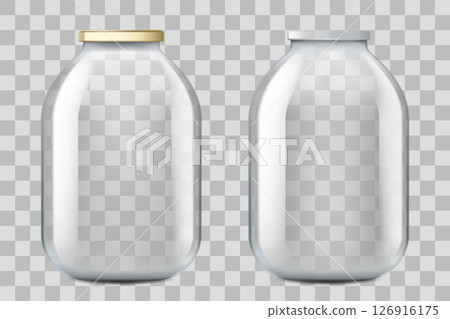 Empty three-liter glass jar. Isolated on transparent background. 3d realistic vector mockup. A jar with a lid and without a lid. Container for milk, water or juice. 126916175