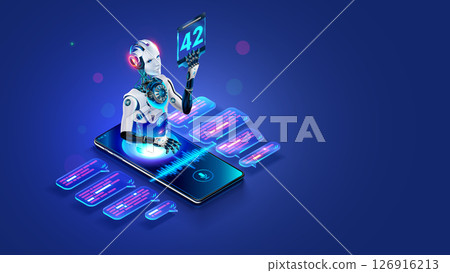 AI chat bot in image robot hanging over screen phone answer questions. Mobile online AI chat bot talk through messenger with user. internet Chatbot with artificial intelligence chatting on phone. AI chat bot in image robot hanging over screen phone answer questions. Mobile online AI chat bot talk through messenger with user. internet Chatbot with artificial intelligence chatting on phone. 126916213