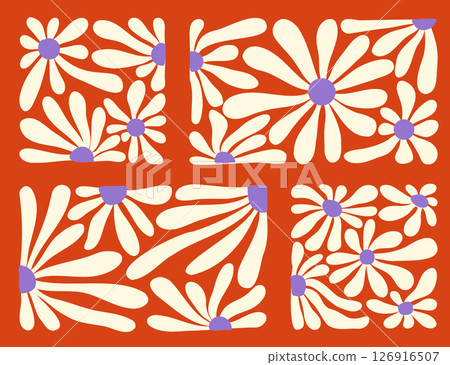 Colorful wave pattern featuring flowers typical of 70s design style and aesthetics 126916507