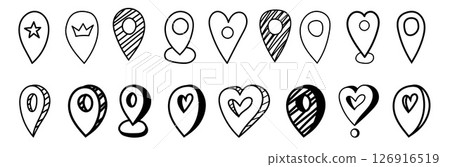 Creative collection of hand-drawn map markers showcasing various unique designs 126916519