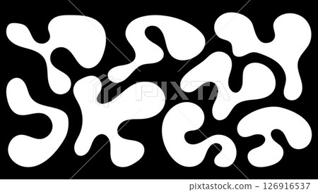 Organic blob shapes in irregular patterns on a black background showcasing unique forms Organic blob shapes in irregular patterns on a black background showcasing unique forms 126916537