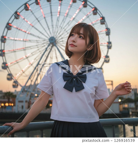 A high school girl in a sailor suit looking at the Ferris wheel on her way home from an amusement park A high school girl in a sailor suit looking at the Ferris wheel on her way home from an amusement park 126916539