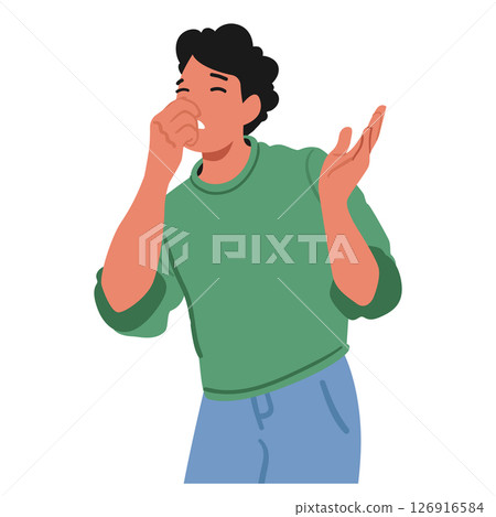 Dissatisfied young man cartoon character suffering from bad smell covering nose with fingers Dissatisfied young man cartoon character suffering from bad smell covering nose with fingers 126916584