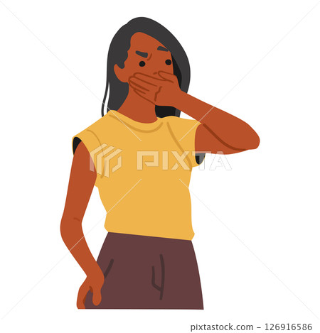 Young woman cartoon character covering mouth to suppress disgust and nausea from unpleasant smell Young woman cartoon character covering mouth to suppress disgust and nausea from unpleasant smell 126916586