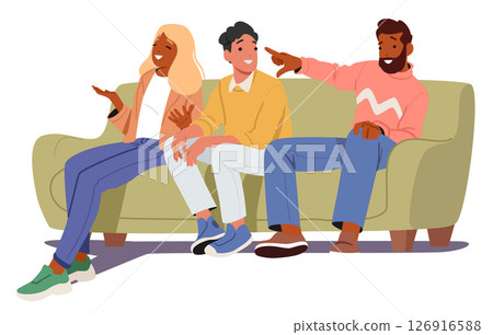 Young people cartoon characters brainstorming participating in quiz show sitting on studio sofa 126916588