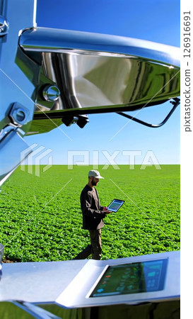 Farmer walking in agricultural field with irrigation system and control panel, using laptop analyzing data and checking growth of crops in sunny day Farmer walking in agricultural field with irrigation system and control panel, using laptop analyzing data and checking growth of crops in sunny day 126916691