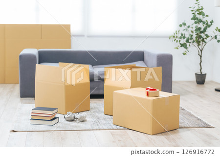Cardboard boxes being packed and unpacked in the living room 126916772