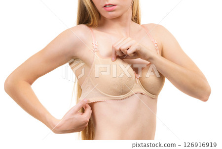 Female wearing too big bra, wrong size Female wearing too big bra, wrong size 126916919