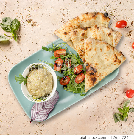 Baba ghanoush, pita bread 126917241