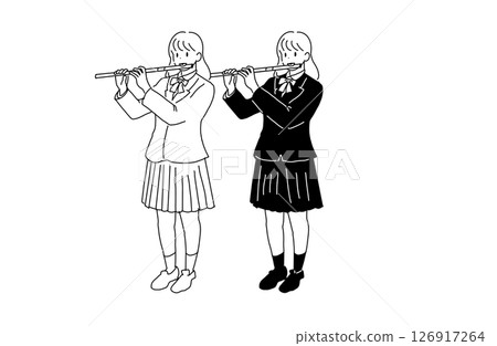 吹笛子的高中女生插畫（制服、銅管樂隊、黑白線條畫） 126917264