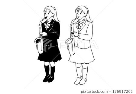 吹奏薩克斯風的女高中生插畫(制服、俱樂部活動、銅管樂隊) 吹奏薩克斯風的女高中生插畫(制服、俱樂部活動、銅管樂隊) 126917265