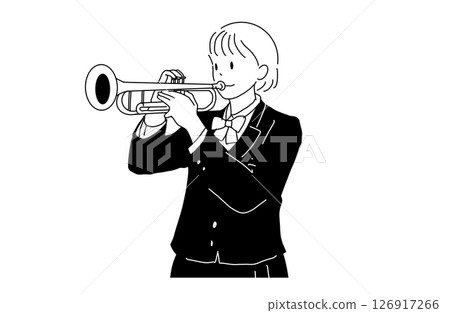 吹小號的高中女生插畫（制服、銅管樂隊、單色） 126917266