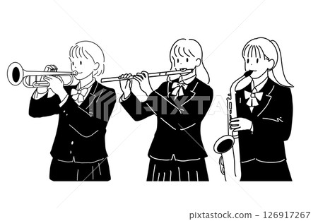 銅管樂隊的高中女生(小號、長笛、薩克斯風)/單色插圖 銅管樂隊的高中女生(小號、長笛、薩克斯風)/單色插圖 126917267