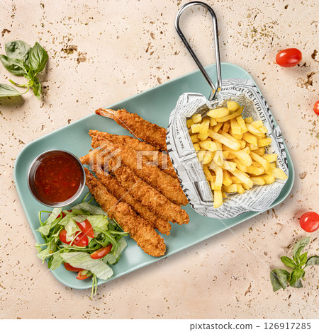 Breaded shrimps served with french fries Breaded shrimps served with french fries 126917285