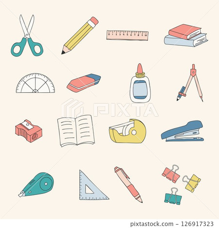 SCHOOL SUPPLIES hand drawn illustration icon collection object set outline simple doodle stationery vector minimalist clean flat drawing 126917323