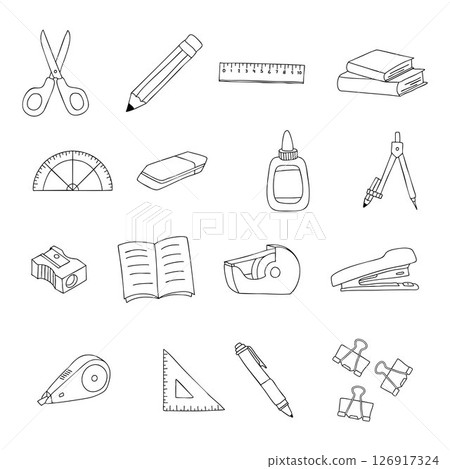 SCHOOL SUPPLIES BLACK AND WHITE hand drawn illustration icon collection object set outline simple doodle stationery vector minimalist 126917324
