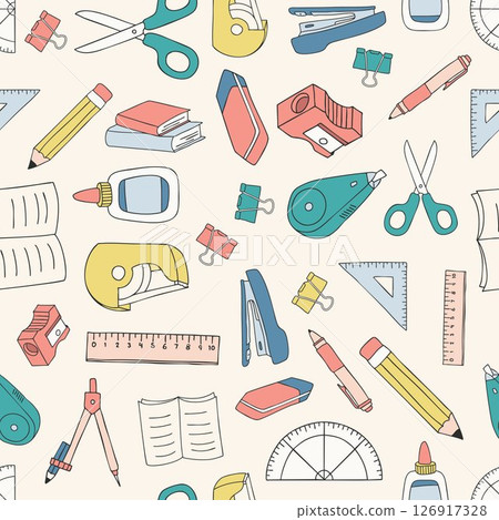 SCHOOL SUPPLIES PATTERN hand drawn illustration icon collection object set outline simple doodle stationery vector minimalist 126917328