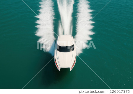 High-Speed Speedboat Creating Symmetrical Water Wake from Above High-Speed Speedboat Creating Symmetrical Water Wake from Above 126917575
