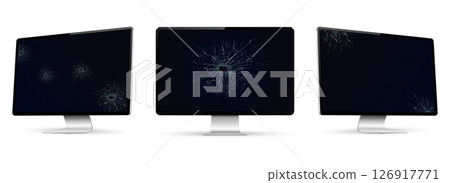Realistic computer screen mockup. Perspective and front view with broken screen. Realistic computer screen mockup. Perspective and front view with broken screen. 126917771